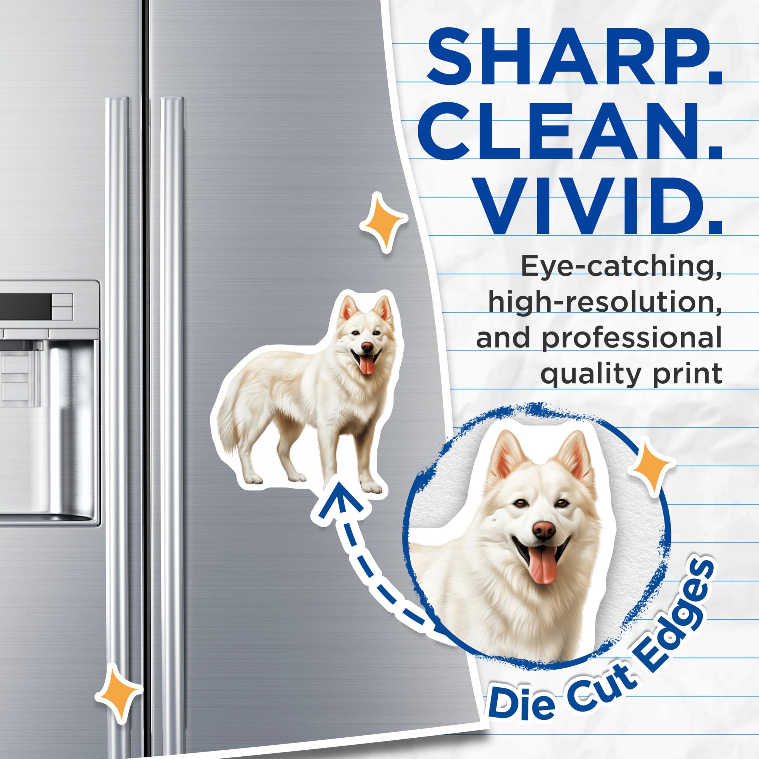 (2 Pack) White Fluffy Dog Magnets - Happy Samoyed Art - Dog Mom Refrigerator Decor - 5 Inches On Longest Side - Thick Durable Magnet - Made in USA - MAG30632