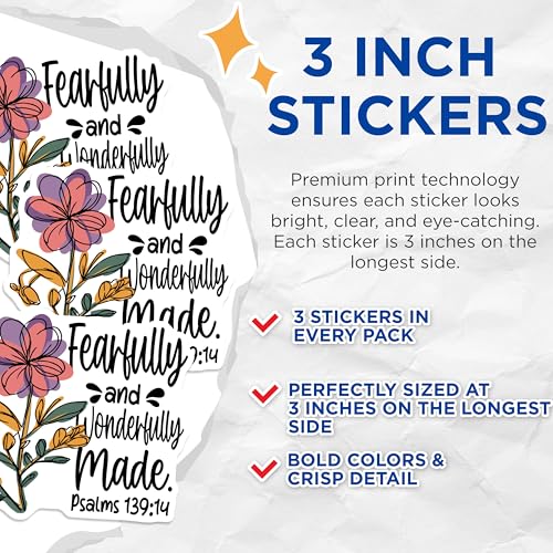 (3 Pack) Fearfully Wonderfully Made Decals - Floral Psalms Quote - Laptop Decals - 3 Inches On Longest Side - Easy Peel & Apply - Made in USA - 3MCS8343
