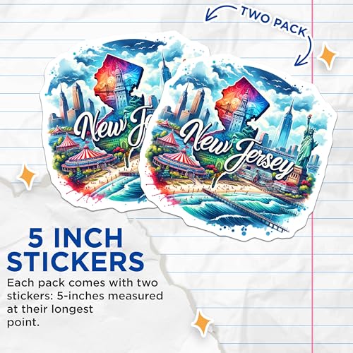 (2 Pack) New Jersey State Stickers - Travel Souvenir - Skyline Art - Vacation Memory - East Coast Pride - 5" On Longest Side - Sticks to Smooth Flat Surfaces - Made in USA - BMCS6707