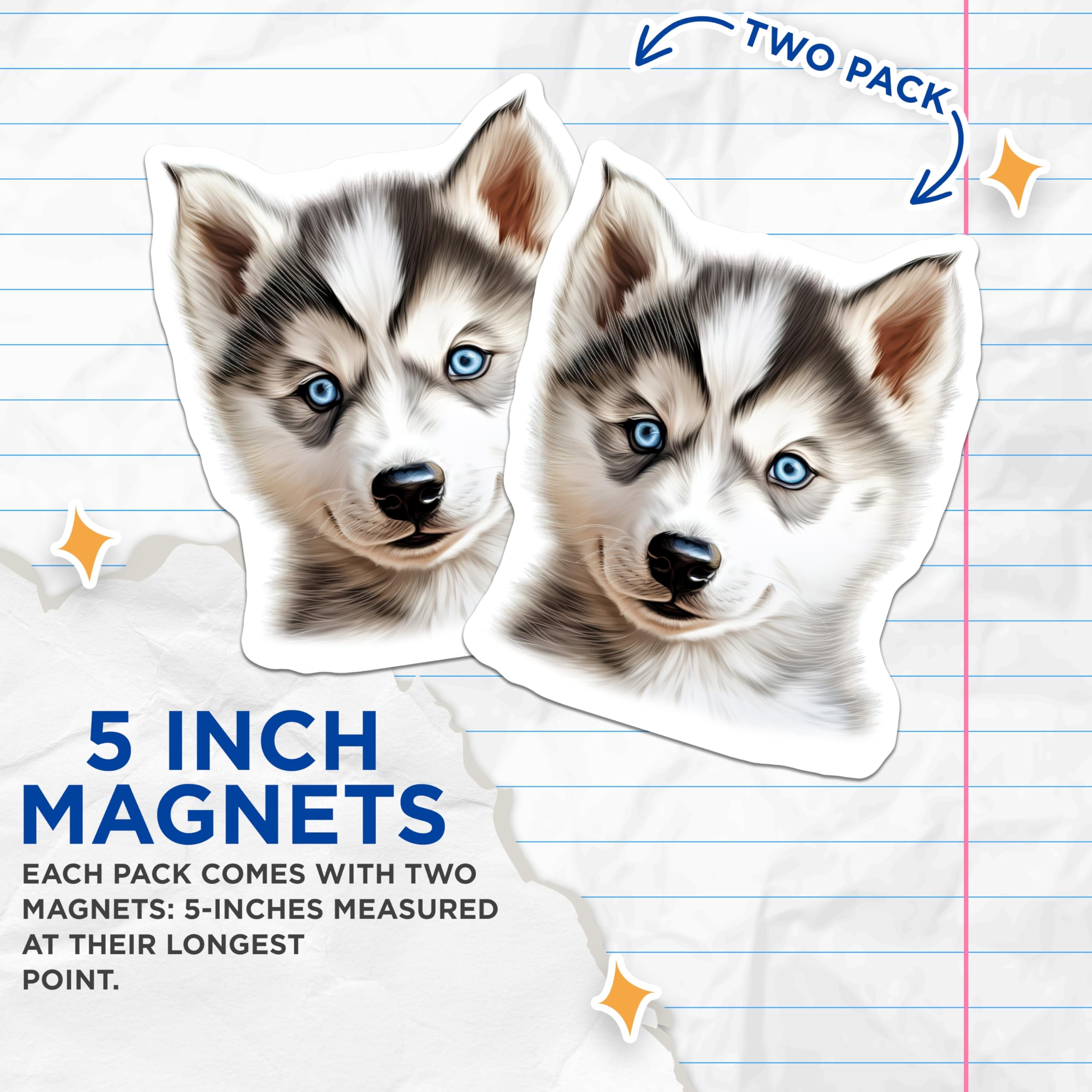 (2 Pack) Husky Puppy Magnets - Siberian Husky Decor - Blue Eyed Dog Art for Fridge - 5 Inches On Longest Side - Thick Durable Magnet - Made in USA - MAG27694