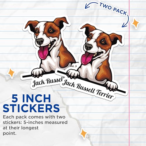 (2 Pack) Jack Russell Terrier Stickers - Cute Dog Stickers - Pet Lover Stickers - 5" On Longest Side - Sticks to Smooth Flat Surfaces - Made in USA - BMCS4212