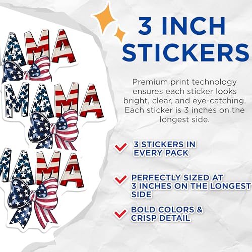 (3 Pack) Mama American Flag Decals - Patriotic Bow - Mom Decal - 3 Inches On Longest Side - Easy Peel & Apply - Made in USA - 3MCS6467