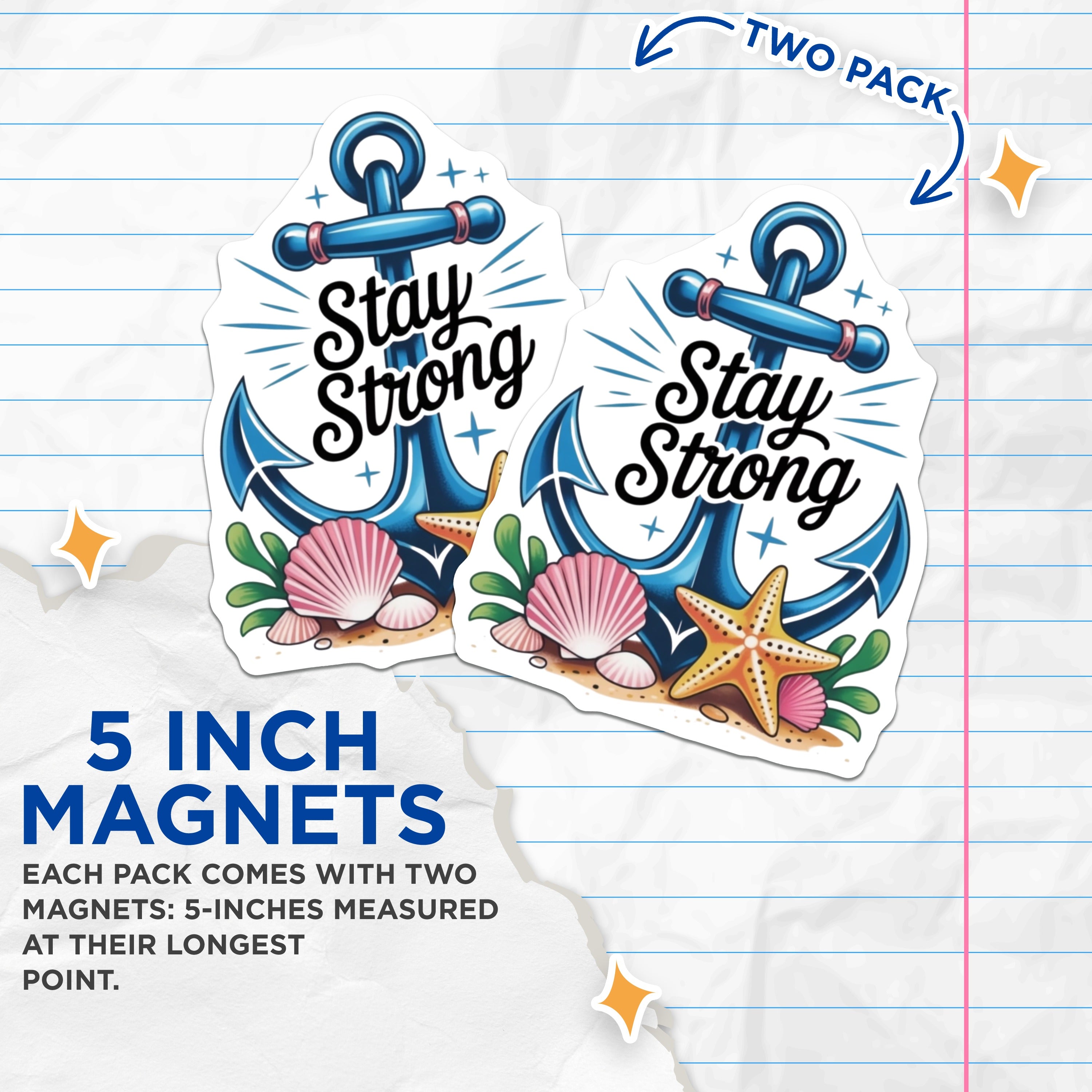 (2 Pack) Stay Strong Anchor Magnets - Nautical Beach Decor - Inspirational Ocean Vibe - Coastal Sea Life Art - Refrigerator Locker Accent - 5" - Thick Durable Magnet - Made in USA - MAG39022