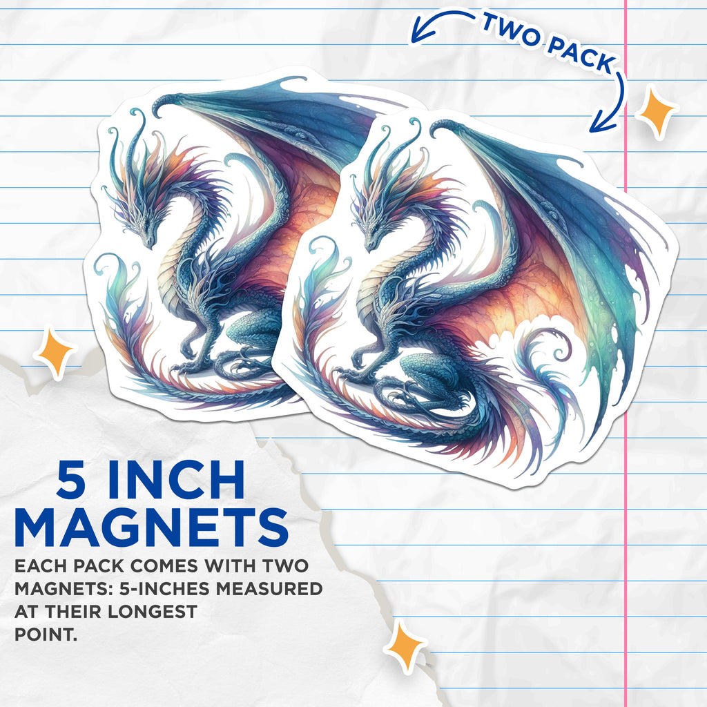 (2 Pack) Majestic Dragon Magnets - Fantasy Art Creature - Mythical Animal Decor - Aesthetic Blue Purple Green Watercolor Wings - 5" - Durable Magnet - Made in USA - MAG38125