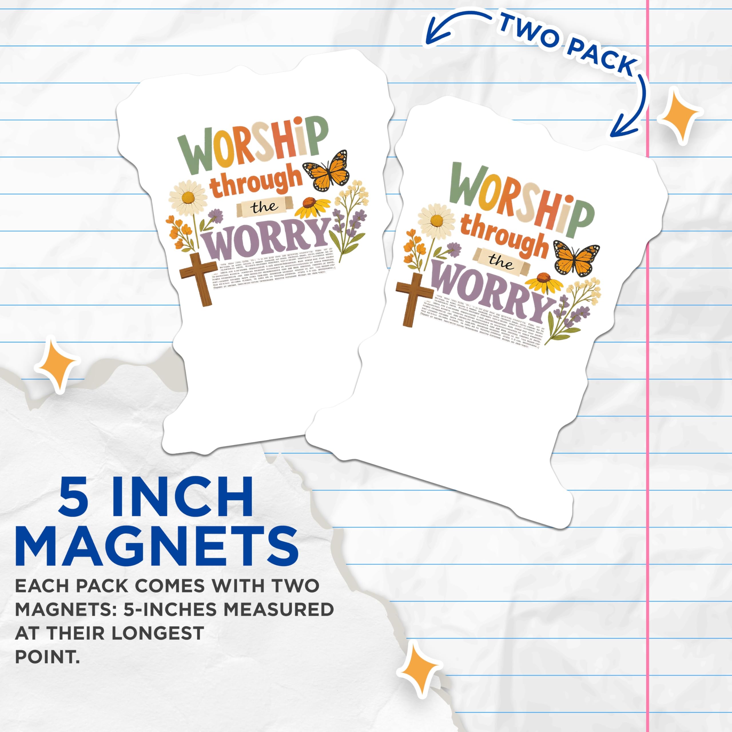 (2 Pack) Christian Worship Magnets - Faith Through Worry Affirmation - Religious Butterfly Cross Decor - 5 Inches On Longest Side - Thick Durable Magnet - Made in USA - MAG22523