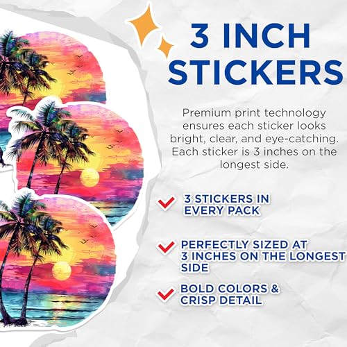 (3 Pack) Tropical Palm Tree Decals - Sunset Beach Decals - Summer Laptop Decal - 3 Inches On Longest Side - Easy Peel & Apply - Made in USA - 3MCS0598