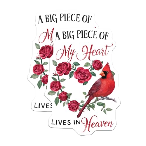 (2 Pack) A Big Piece of My Heart Stickers - Lives in Heaven - Red Cardinal Floral Stickers - 5" On Longest Side - Sticks to Smooth Flat Surfaces - Made in USA - BMCS7288