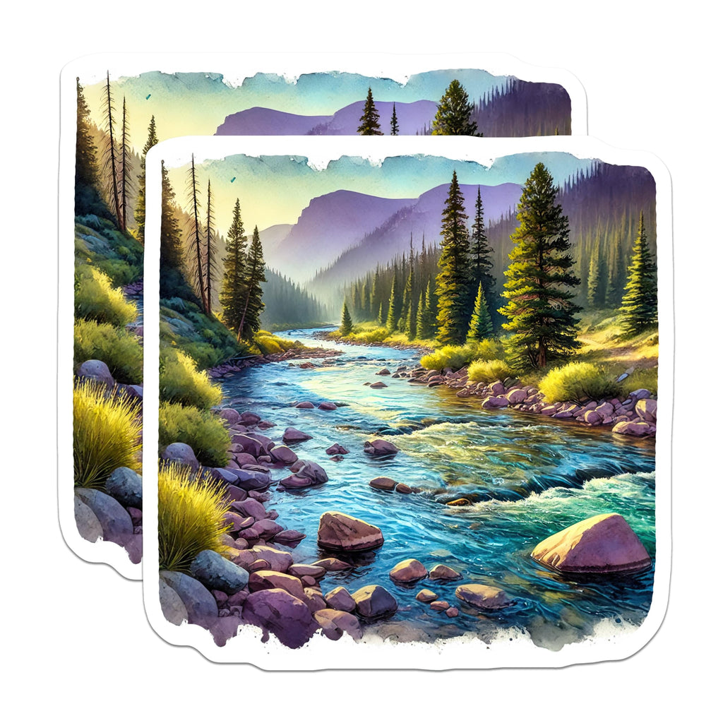 (2 Pack) River Scenery Stickers - Mountain Stream Art - Nature Landscape Decals - 5" On Longest Side - Sticks to Smooth Flat Surfaces - Made in USA - BMCS17413