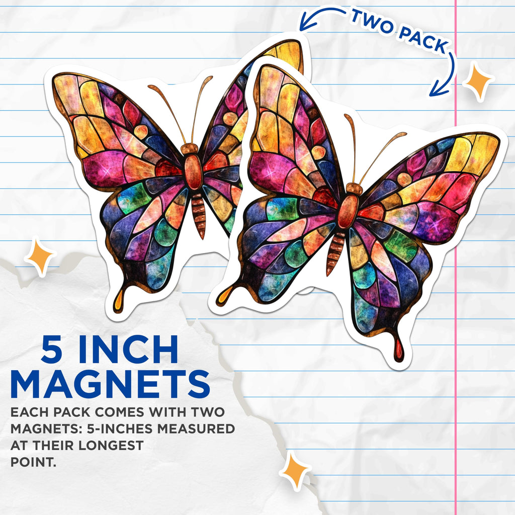(2 Pack) Stained Glass Butterfly Magnets - Vibrant Refrigerator Decor - Mosaic Home Accent for Butterfly Lovers - 5 Inches On Longest Side - Thick Durable Magnet - Made in USA - MAG25978