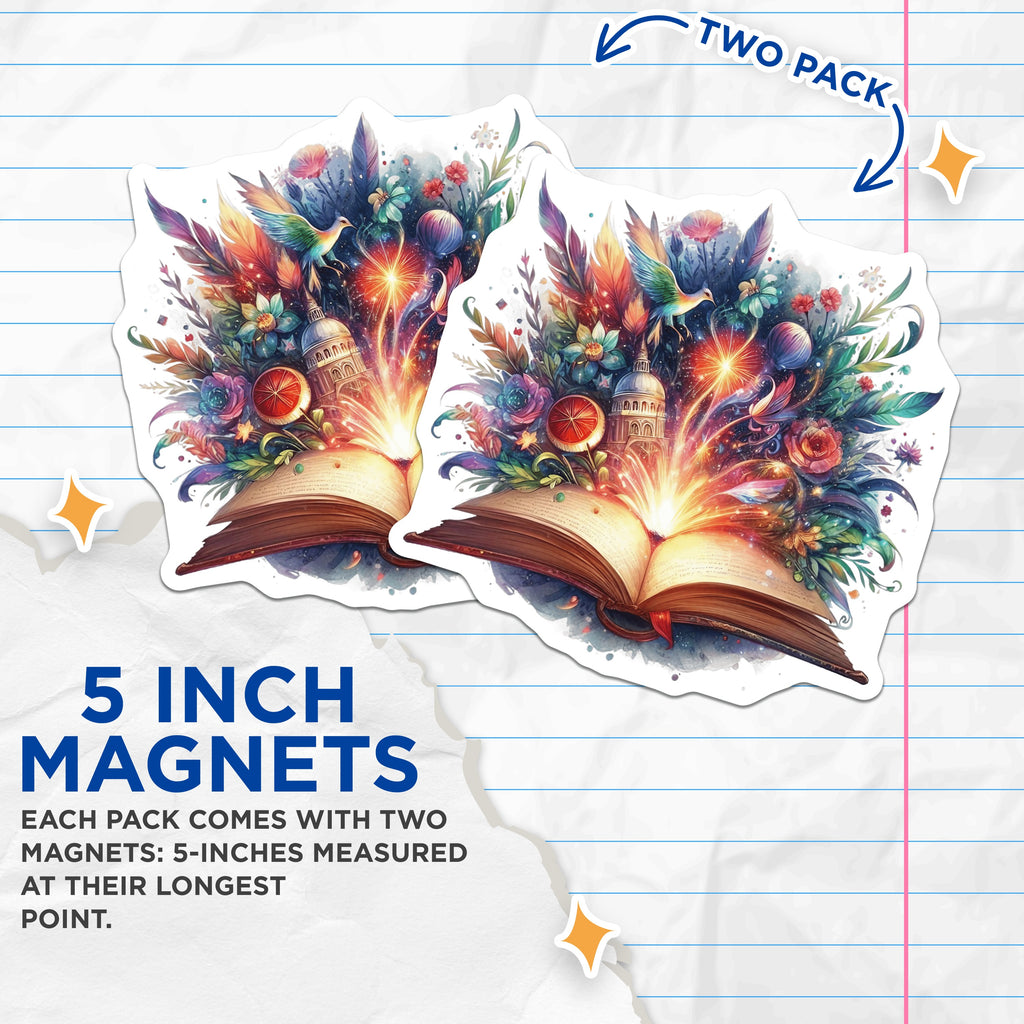 (2 Pack) Magical Book Magnets - Fantasy Reader Decor - Literary Aesthetic Art - 5 Inches On Longest Side - Thick Durable Magnet - Made in USA - MAG36347