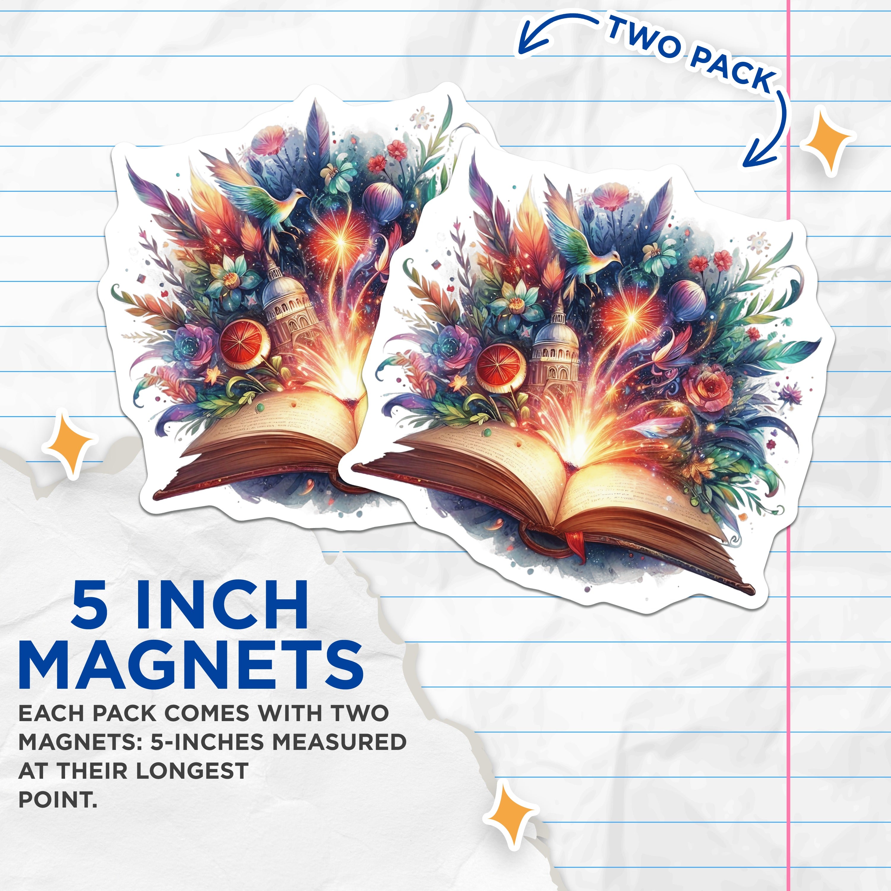 (2 Pack) Magical Book Magnets - Fantasy Reader Decor - Literary Aesthetic Art - 5 Inches On Longest Side - Thick Durable Magnet - Made in USA - MAG36347