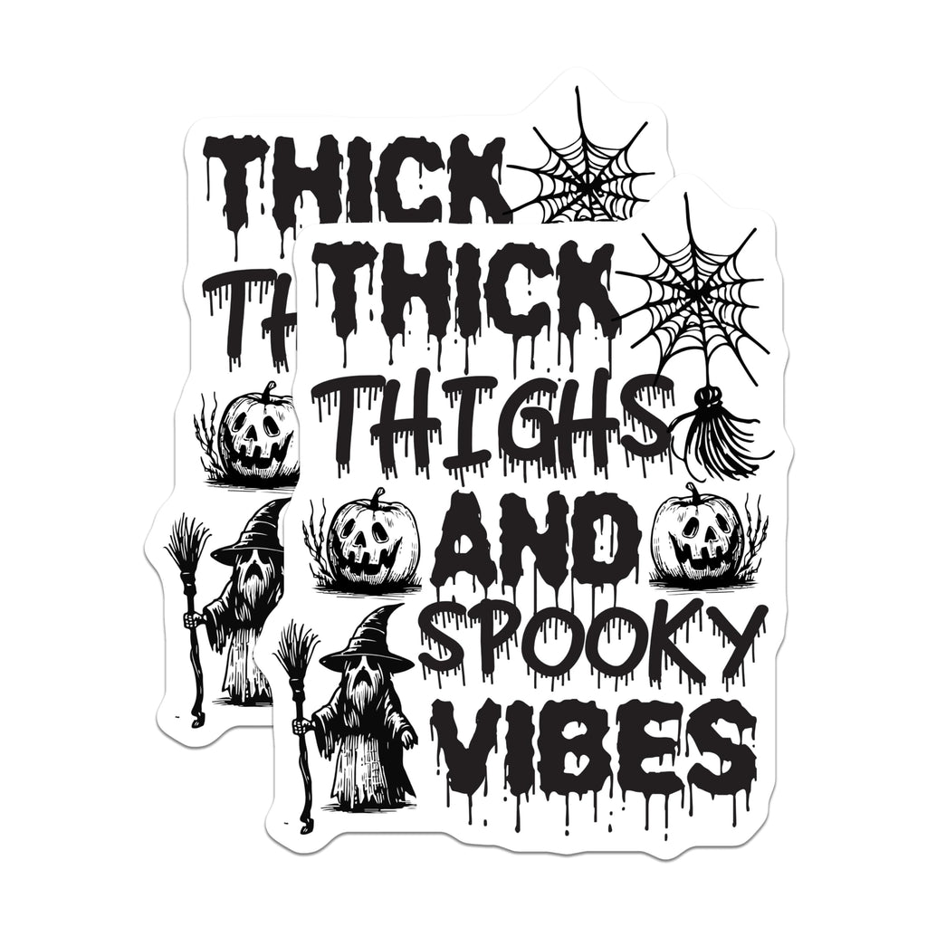 (2 Pack) Thick Thighs and Spooky Vibes Stickers - Halloween Witch Stickers - Pumpkin Theme Stickers - 5" On Longest Side - Sticks to Smooth Flat Surfaces - Made in USA - BMCS6103