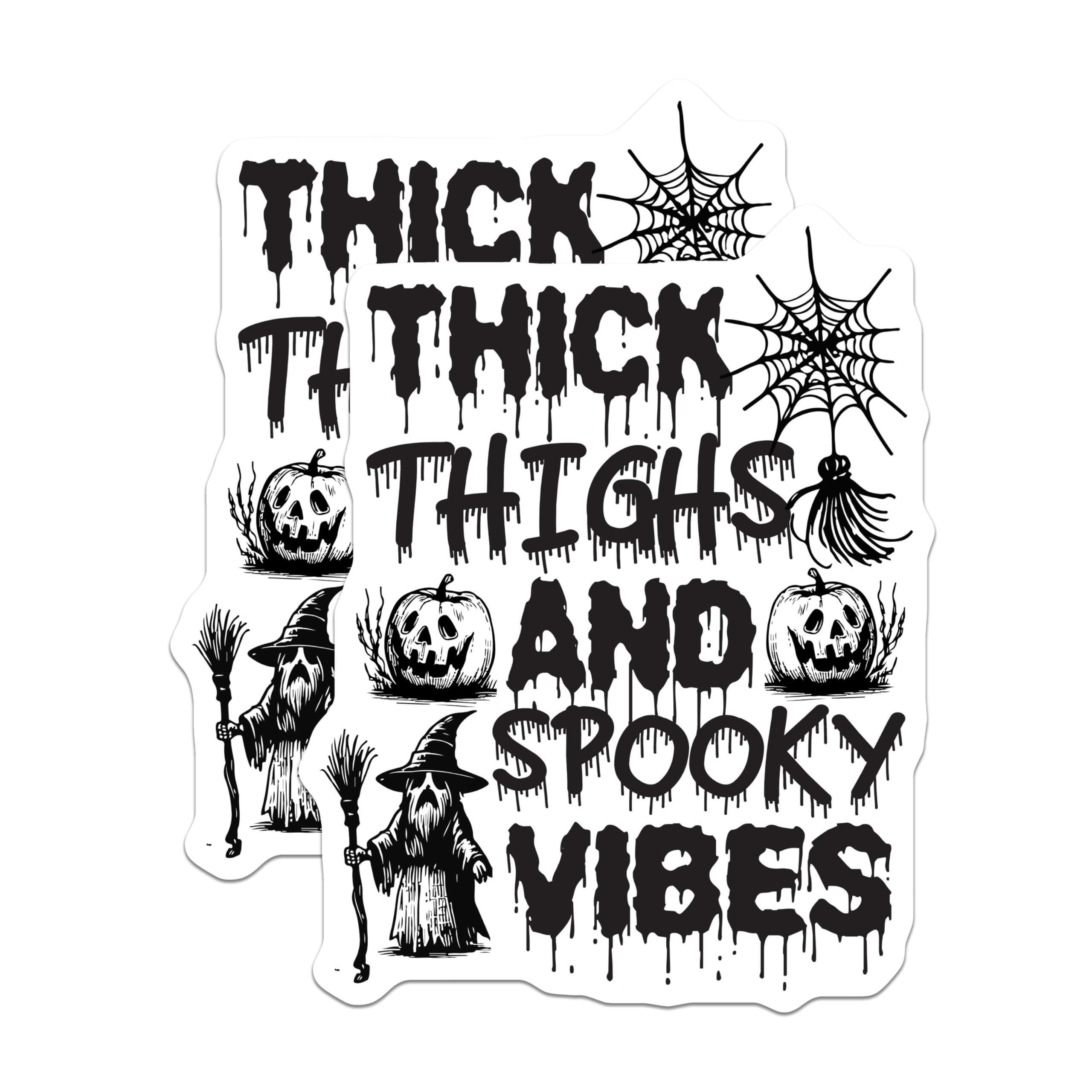 (2 Pack) Thick Thighs and Spooky Vibes Stickers - Halloween Witch Stickers - Pumpkin Theme Stickers - 5" On Longest Side - Sticks to Smooth Flat Surfaces - Made in USA - BMCS6103