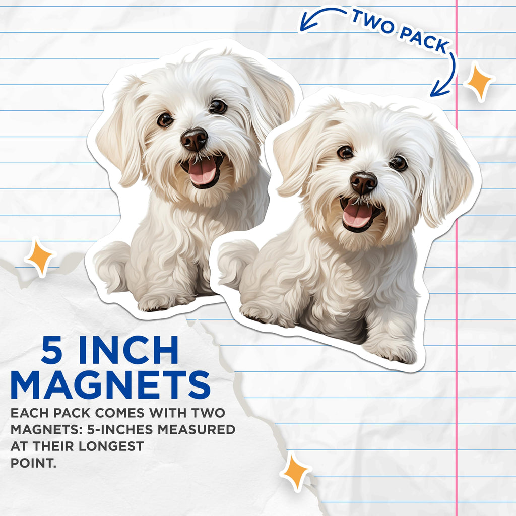 (2 Pack) Cute Maltese Dog Magnets - Happy White Fluffy Puppy Art - Dog Mom Refrigerator Decor - Pet Owner Kitchen Accessory - 5 Inches On Longest Side - Thick Durable Magnet - Made in USA - MAG25331