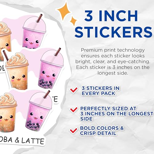 (3 Pack) Boba Decals - Latte Decal - Cute Drink Stickers - 3 Inches On Longest Side - Easy Peel & Apply - Made in USA - 3MCS6508