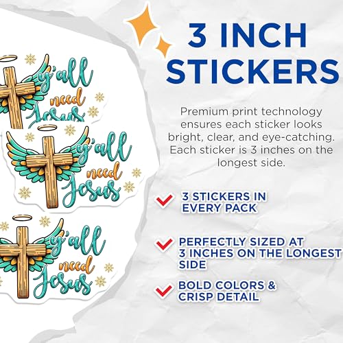 (3 Pack) Y'all Need Jesus Decals - Christian Cross - Faith Religious Decal - 3 Inches On Longest Side - Easy Peel & Apply - Made in USA - 3MCS1900