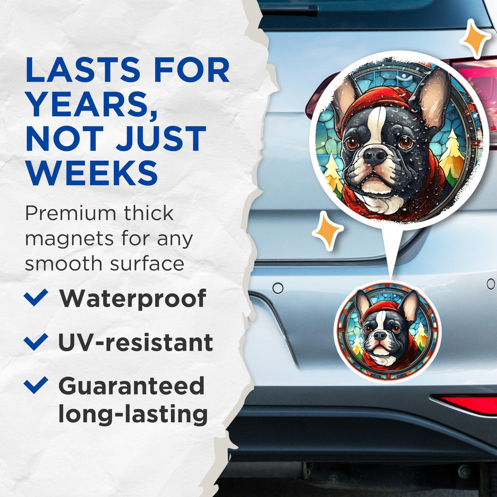(2 Pack) French Bulldog Magnets - Stained Glass Style Holiday Dog - Christmas Winter Decor - Pet Lover Refrigerator Art - 5 Inches On Longest Side - Thick Durable Magnet - Made in USA - MAG27762