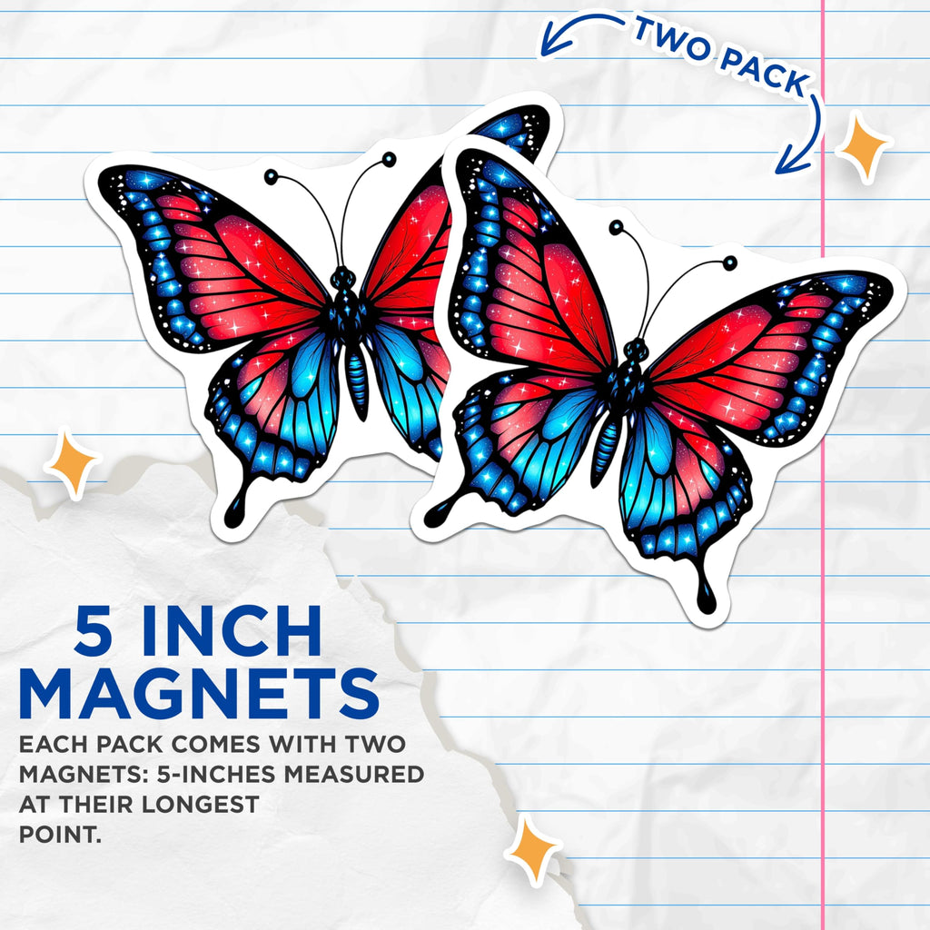 (2 Pack) Butterfly Magnets - Red and Blue Insect - Fantasy Art Decor Magnets - 5" On Longest Side - Premium Magnet - for Cars, Refrigerators, Toolboxes, Lockers - Made in USA - MAG15068