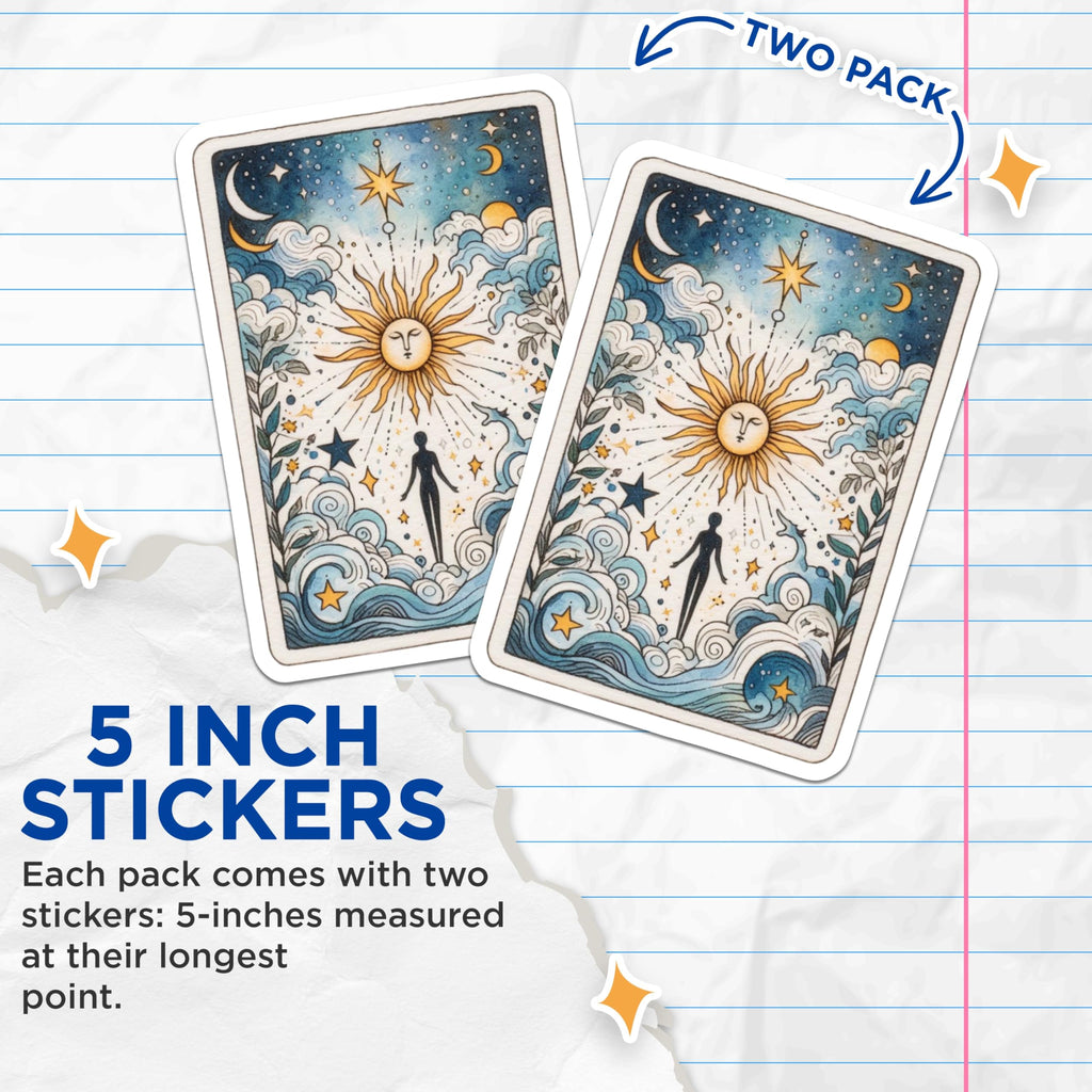 (2 Pack) Tarot Card Stickers - Sun Moon Star Astrology Stickers - Celestial Art Stickers - 5" On Longest Side - Sticks to Smooth Flat Surfaces - Made in USA - BMCS14643