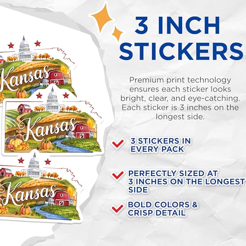 (3 Pack) Kansas Decals - State Pride Stickers - Farmhouse Decor Decals- 3 Inches On Longest Side - Easy Peel & Apply - Made in USA - 3MCS5037