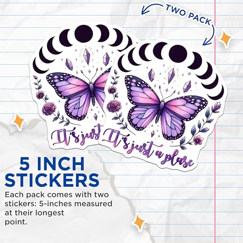 (2 Pack) Moon Phase Butterfly Stickers - Lunar Cycle Crystals - Floral Purple Butterfly Decal - 5" On Longest Side - Sticks to Smooth Flat Surfaces - Made in USA - BMCS8070