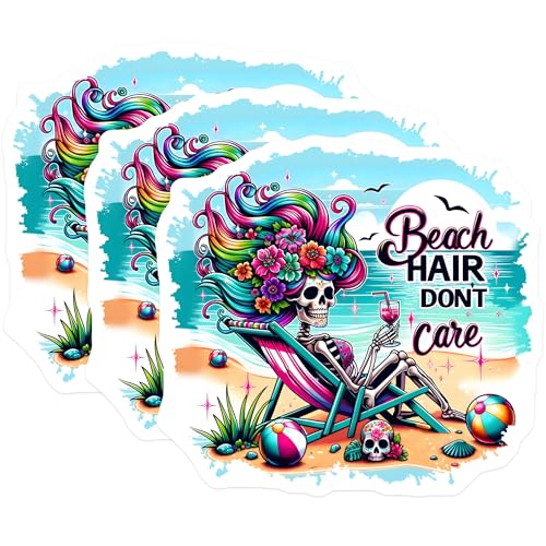 (3 Pack) Beach Hair Decals - Sugar Skull - Summer Vibes Decal - 3 Inches On Longest Side - Easy Peel & Apply - Made in USA - 3MCS8338