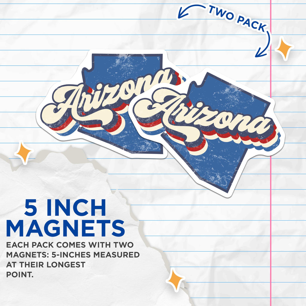 (2 Pack) Arizona Magnets - Retro State - Fridge and Locker Arizona Decor - 5" On Longest Side - Premium Magnet - for Cars, Refrigerators, Toolboxes, Lockers - Made in USA - MAG18139