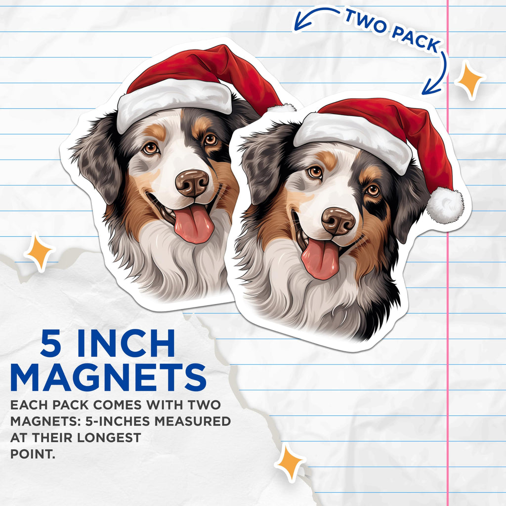 (2 Pack) Christmas Australian Shepherd Magnets - Holiday Dog Decor - Santa Hat Aussie Pet Accessory - 5 Inches On Longest Side - Thick Durable Magnet - Made in USA - MAG29503