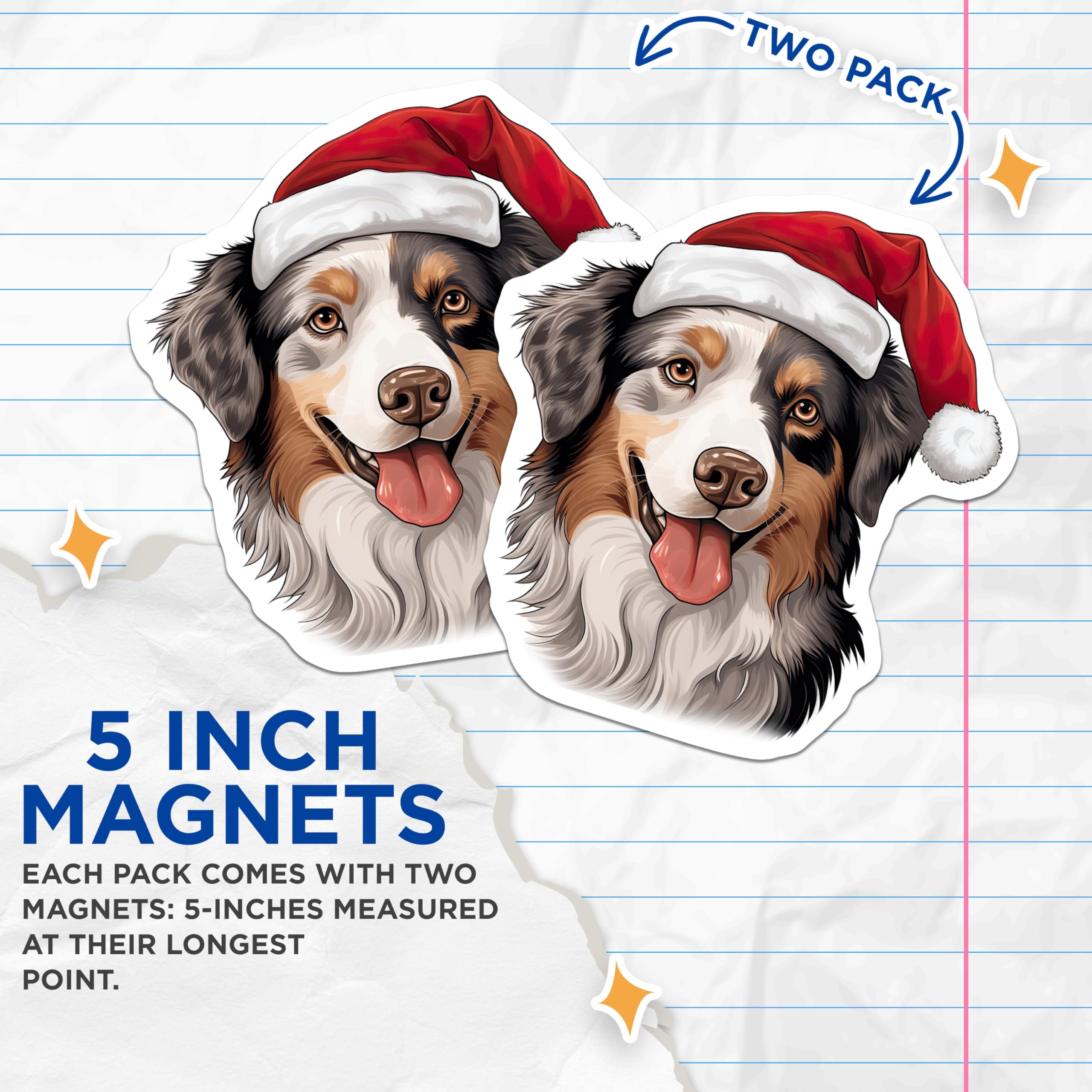 (2 Pack) Christmas Australian Shepherd Magnets - Holiday Dog Decor - Santa Hat Aussie Pet Accessory - 5 Inches On Longest Side - Thick Durable Magnet - Made in USA - MAG29503