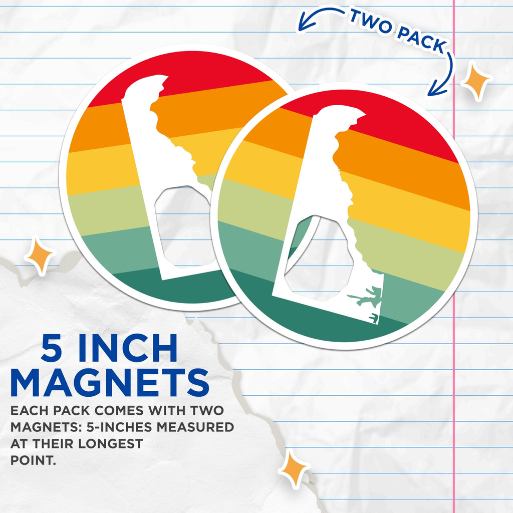 (2 Pack) Delaware Magnets - Retro Sunset - State Pride Fridge Decorations - 5" On Longest Side - Premium Magnet - for Cars, Refrigerators, Toolboxes, Lockers - Made in USA - MAG17575