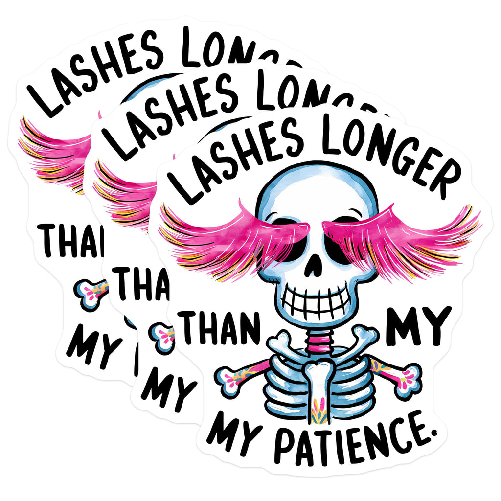 (3 Pack) Funny Skeleton Decals - Lashes Longer - Sarcastic Stickers - 3 Inches On Longest Side - Easy Peel & Apply - Made in USA - 3MCS2568