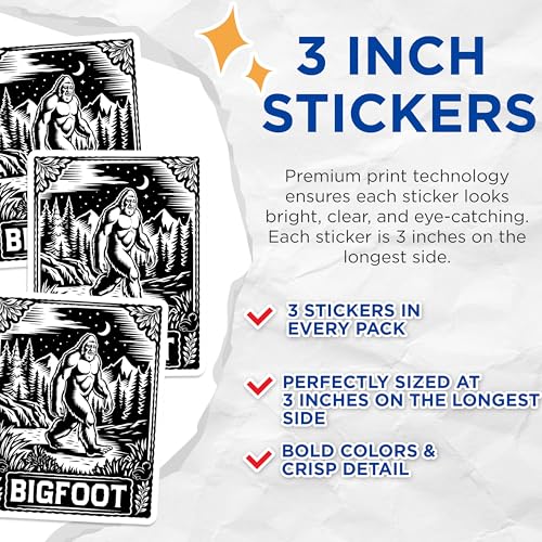 (3 Pack) Bigfoot Decals - Sasquatch Stickers - Cryptid Creature Decals - 3 Inches On Longest Side - Easy Peel & Apply - Made in USA - 3MCS4066