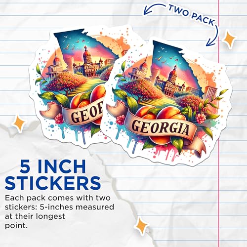 (2 Pack) Georgia Stickers - State Pride - Vintage Peach Design - 5" On Longest Side - Sticks to Smooth Flat Surfaces - Made in USA - BMCS6891