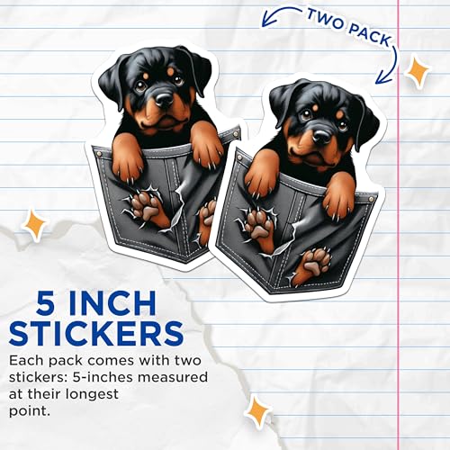 (2 Pack) Rottweiler Puppy Stickers - Cute Dog Stickers - Fun Pet Lover Decals - Adorable Dog Art - 5" On Longest Side - Sticks to Smooth Flat Surfaces - Made in USA - BMCS4379