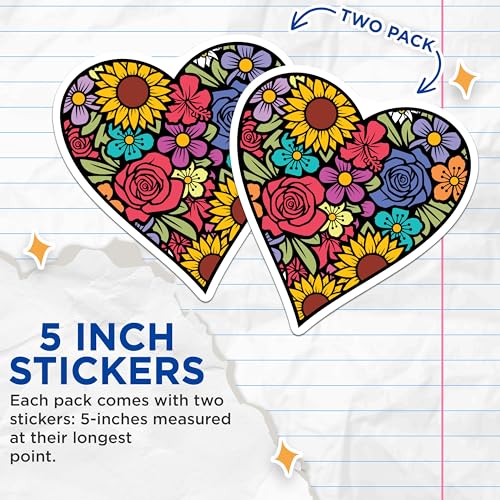 (2 Pack) Floral Heart Stickers - Colorful Flower Graphics - Spring Summer Plant Art Sticker - 5" On Longest Side - Sticks to Smooth Flat Surfaces - Made in USA - BMCS6077