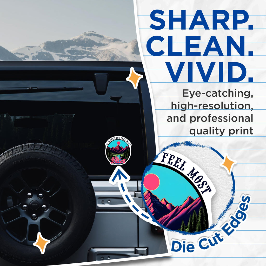 (2 Pack) Go Where You Feel Most Alive Stickers - Outdoor Adventure Stickers - Mountain Landscape Stickers - 5" On Longest Side - Sticks to Any Smooth Flat Surface - Made in USA - BMCS3265