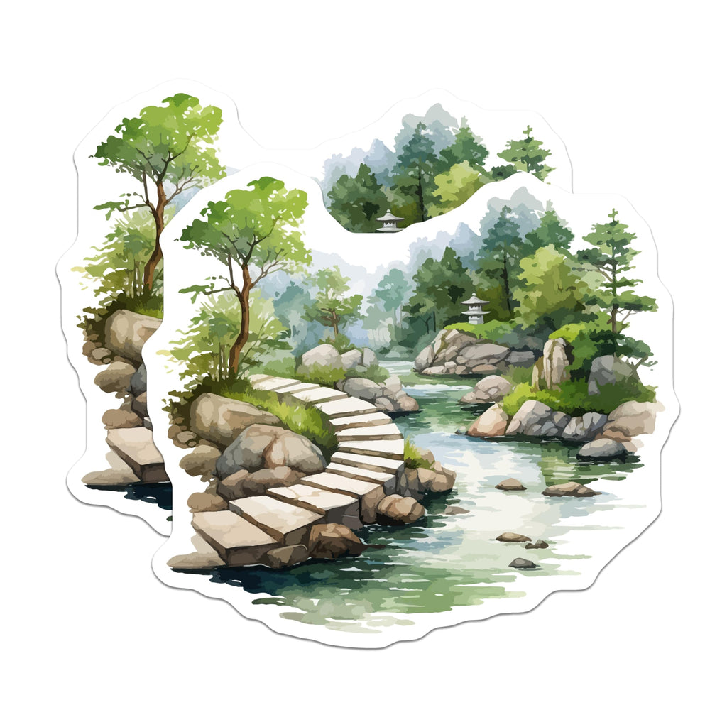 (2 Pack) Japanese Garden Magnets - Zen Landscape Art - Pagoda Stream Decor - 5 Inches On Longest Side - Thick Durable Magnet - Made in USA - MAG19696