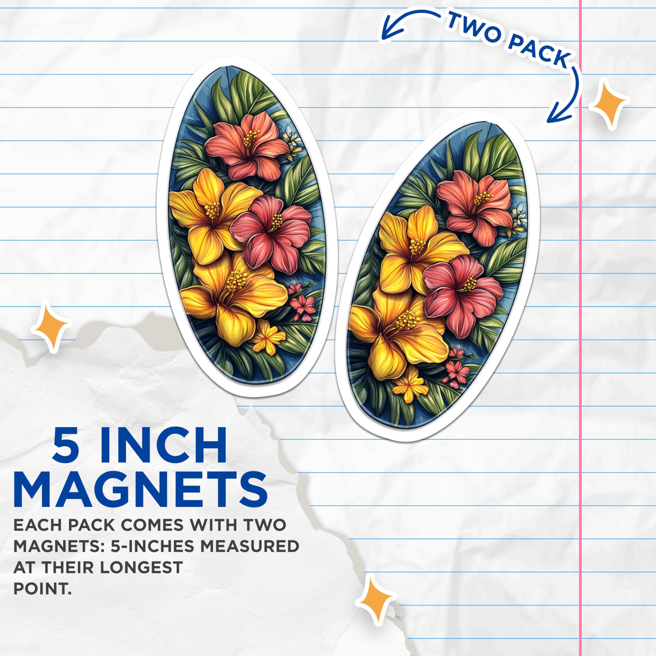 (2 Pack) Tropical Flower Magnets - Vibrant Hibiscus Beach Decor - Aloha Hawaii Refrigerator Car Locker Accent - 5 Inches On Longest Side - Thick Durable Magnet - Made in USA - MAG28470