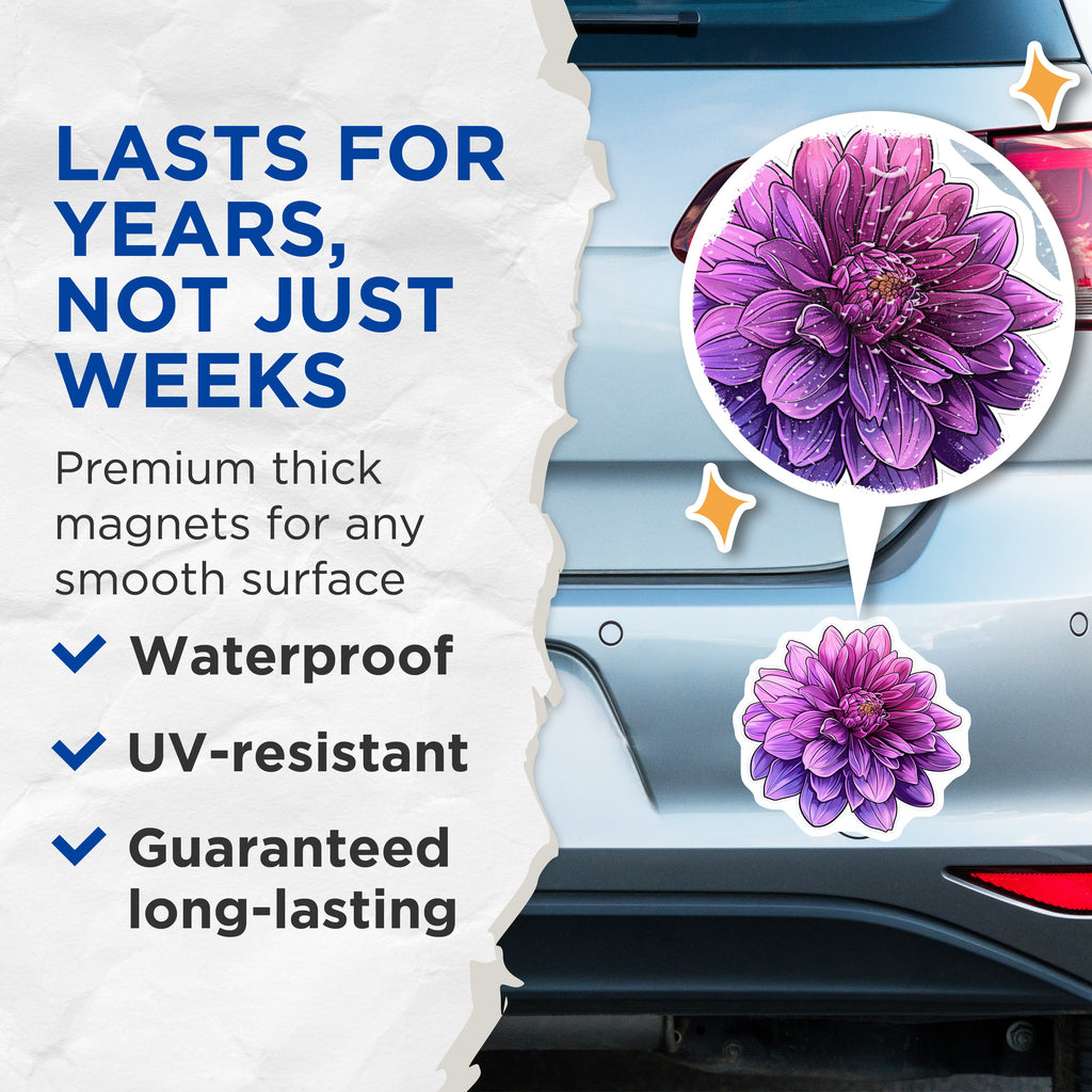 (2 Pack) Purple Dahlia Magnets - Vibrant Botanical Decor - Floral Aesthetic Office Magnets - 5 Inches On Longest Side - Thick Durable Magnet - Made in USA - MAG38496