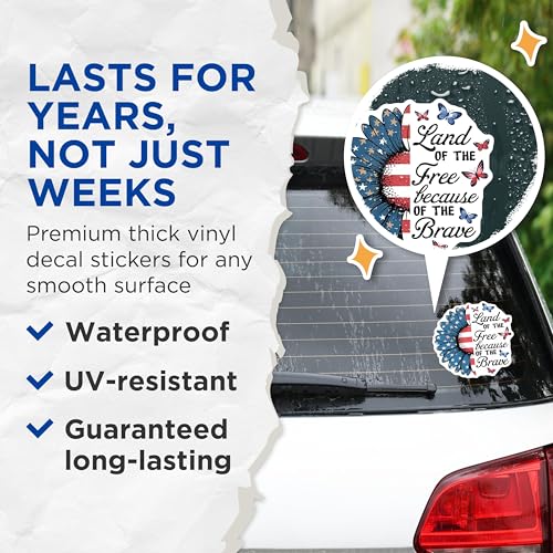 (2 Pack) Patriotic Flower Stickers - Land of The Free Sticker - Butterfly Sticker Artwork - 5" On Longest Side - Sticks to Smooth Flat Surfaces - Made in USA - BMCS8356