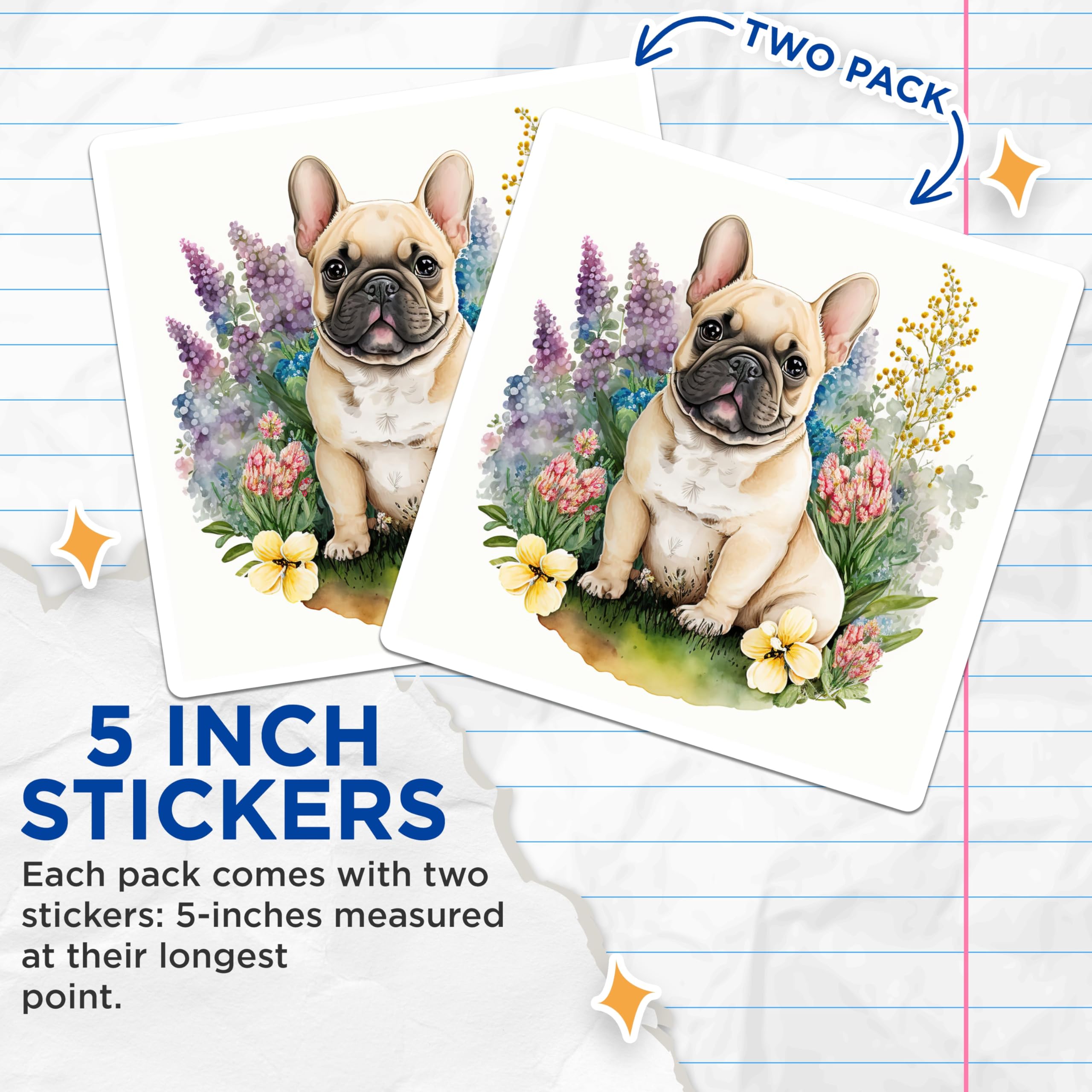 (2 Pack) French Bulldog Stickers - Cute Dog Decals - Floral Spring Stickers - 5" On Longest Side - Sticks to Smooth Flat Surfaces - Made in USA - BMCS14726