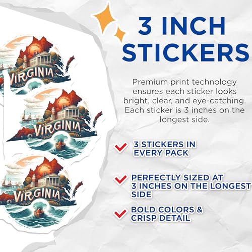 (3 Pack) Virginia Decals - State Pride - Laptop Decals - 3 Inches On Longest Side - Easy Peel & Apply - Made in USA - 3MCS4318