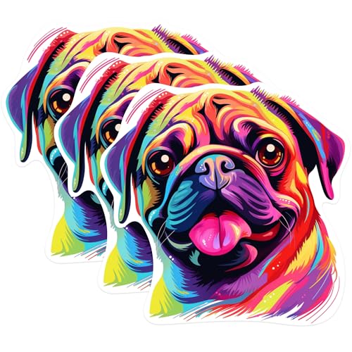 (3 Pack) Colorful Pug Decals - Dog Breed Stickers - Laptop Decals - 3 Inches On Longest Side - Easy Peel & Apply - Made in USA - 3MCS0800