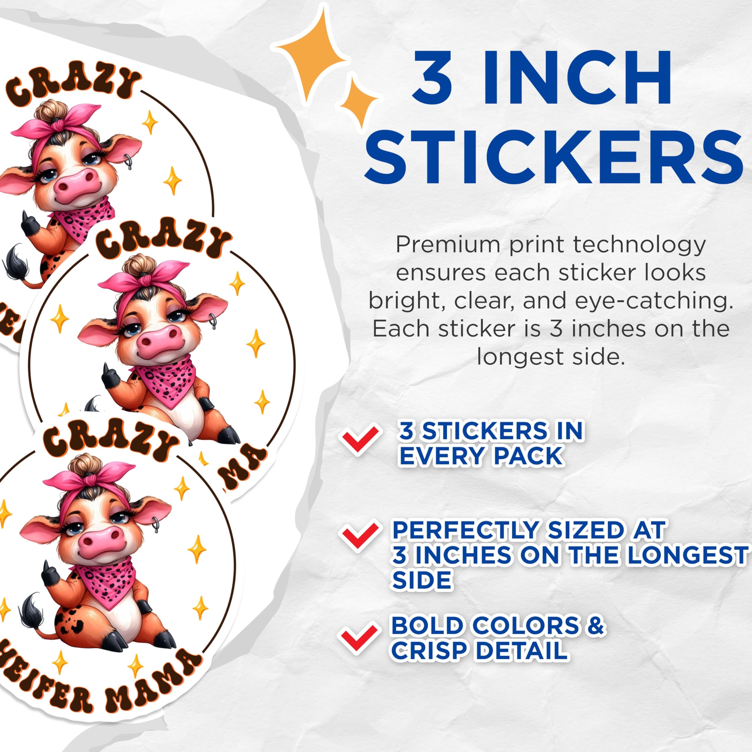 (3 Pack) Crazy Heifer Mama Decals - Cow Decals - Funny Cow Laptop Decal - 3 Inches On Longest Side - Easy Peel & Apply - Made in USA - 3MCS2548