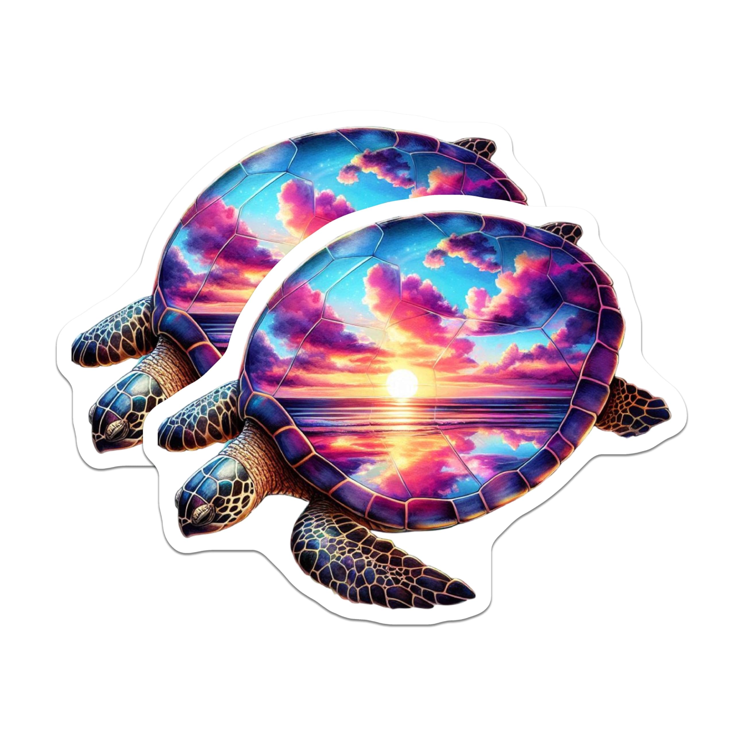 (2 Pack) Captivating Sea Turtle Magnets - Vibrant Sunset Ocean Shell Art - Unique Marine Life Fridge Decor - 5 Inches On Longest Side - Thick Durable Magnet - Made in USA - MAG20334