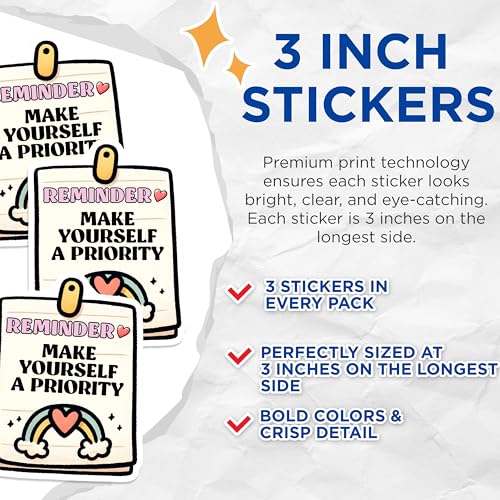 (3 Pack) Reminder Decals - Self Priority - Rainbow Heart Decals - Laptop Decal - 3 Inches On Longest Side - Easy Peel & Apply - Made in USA - 3MCS2028