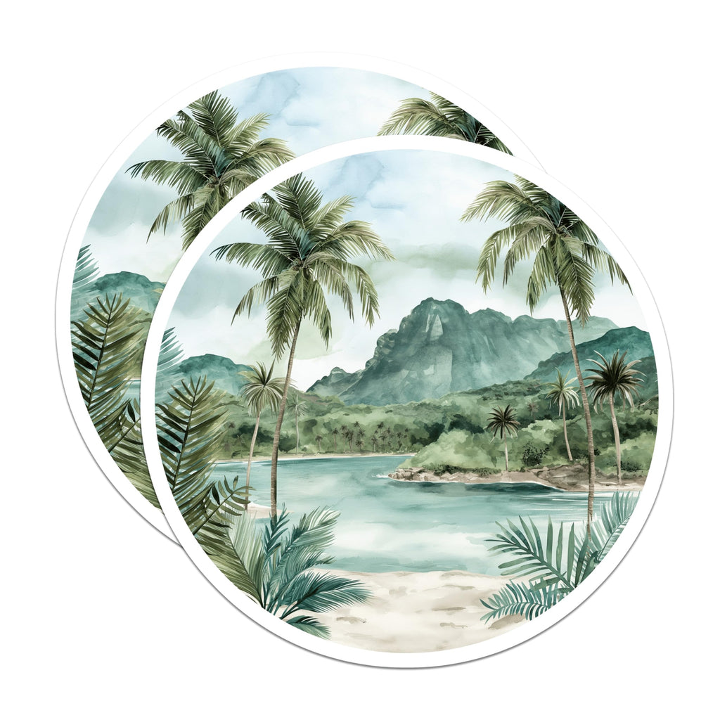 (2 Pack) Tropical Island Magnets - Paradise Beach Palm Tree - Mountain Lagoon Landscape - Coastal Serene Nature Aesthetic - 5 Inches On Longest Side - Thick Durable Magnet - Made in USA - MAG19865