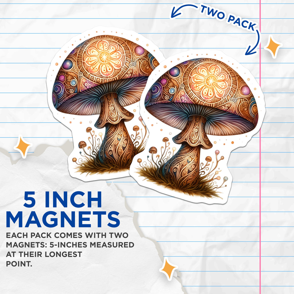 (2 Pack) Psychedelic Mushroom Magnets - Boho Mandala Decor - Mystical Fungi Art - Unique Celestial Fridge Magnets - 5 Inches On Longest Side - Thick Durable Magnet - Made in USA - MAG39319