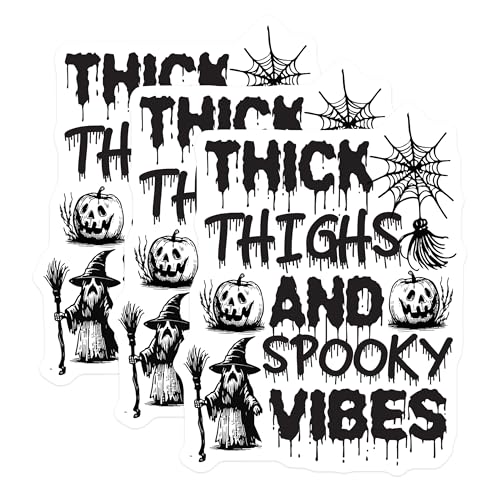 (3 Pack) Thick Thighs Spooky Vibes Decals - Halloween Decal - Witchy Decal - 3 Inches On Longest Side - Easy Peel & Apply - Made in USA - 3MCS4868