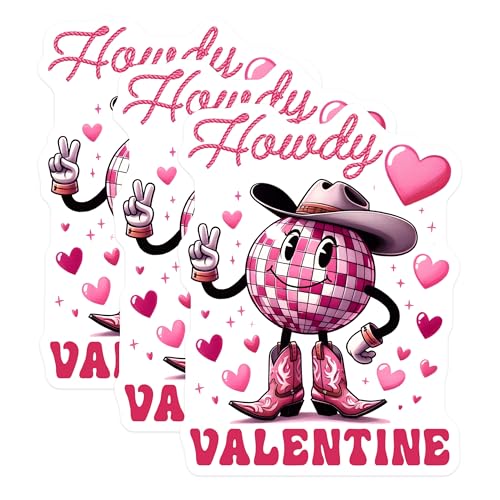 (3 Pack) Howdy Valentine Decals - Disco Ball Sticker - Cowboy Boots Heart Stickers - 3 Inches On Longest Side - Easy Peel & Apply - Made in USA - 3MCS1916